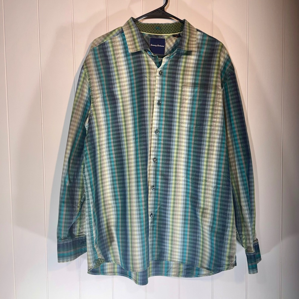 Tommy Bahama Mens XL Plaid Button Down Shirt Blue Green Long Sleeve Cotton